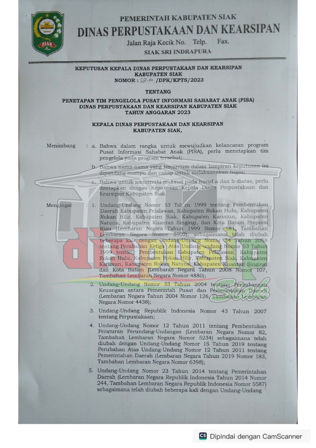 Cover : SK Tim Pengelola Informasi Sahabat Anak (PISA)